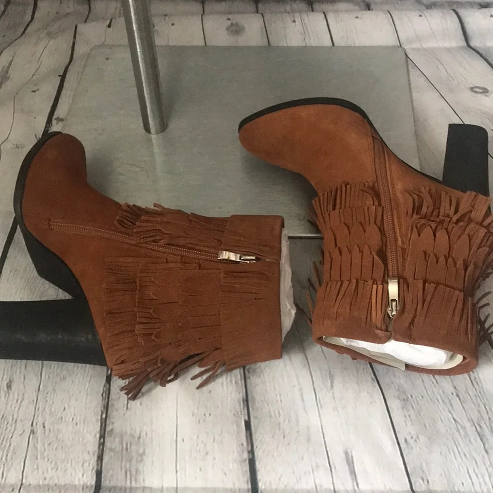 CATHERINE MALANDRINO SUEDE FRINGE COGNAC BOOTS